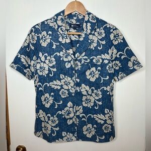Reyn Spooner Blue and Beige Hibiscus Hawaiian Button Down Shirt XS